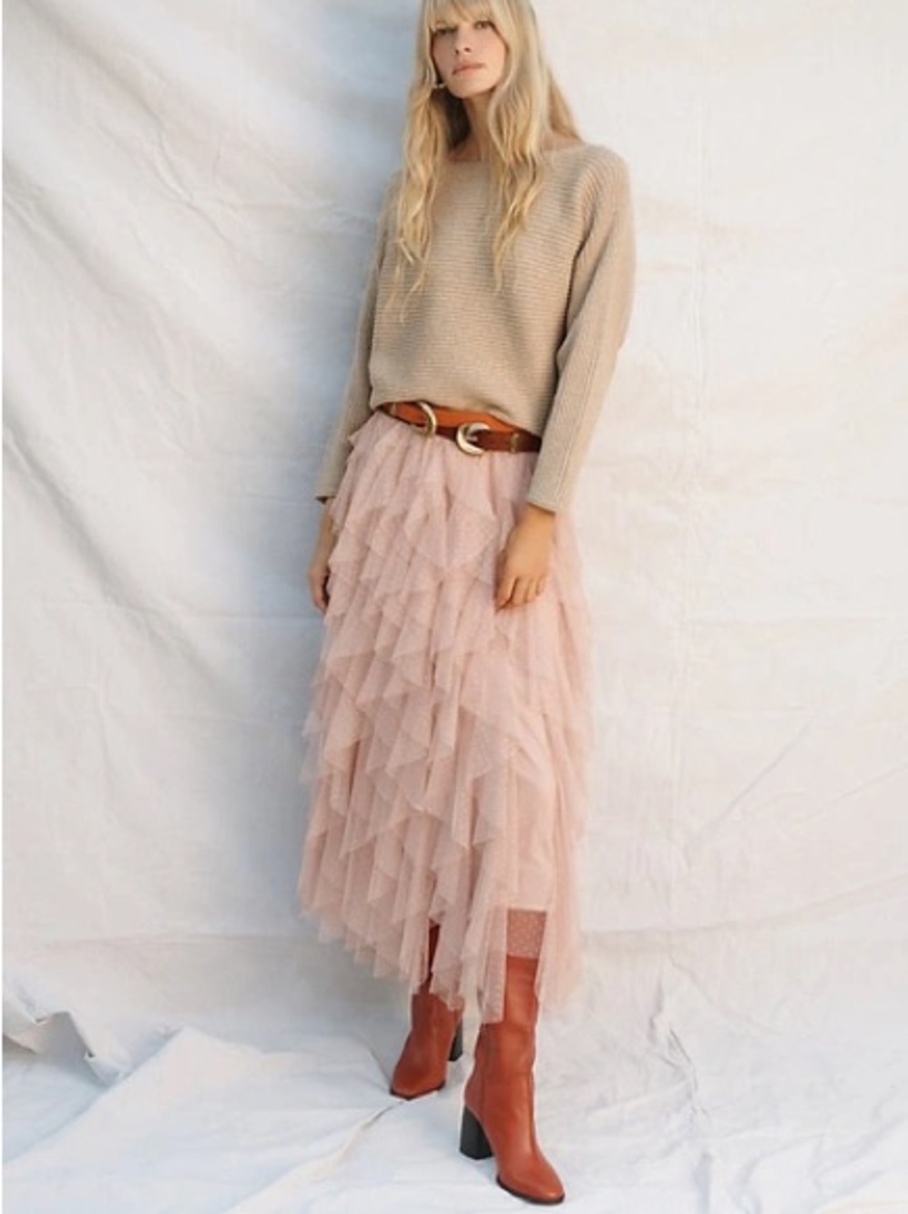 Anthropologie Cheri Tulle Layered Tiered Polka Dot Midi Skirt in Dusty Pink, 2X - Picture 5 of 16